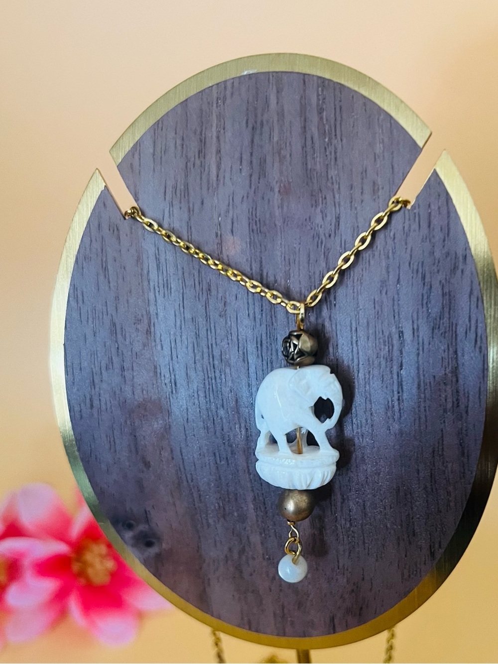 Elephant pendant & gold plated necklace carved design